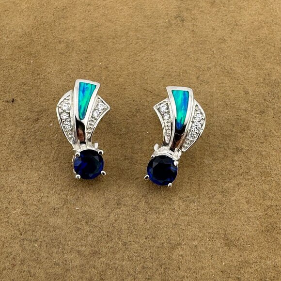 Sapphire & Australian Opal 925 Silver Earrings - Picture 3 of 5